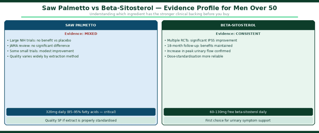 Comparison chart showing saw palmetto vs beta-sitosterol evidence profiles for men over 50 — saw palmetto rated mixed evidence with large NIH trials showing no benefit, beta-sitosterol rated consistent evidence with multiple RCTs confirming IPSS improvement and better urinary flow