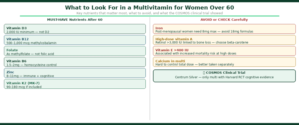 Split diagram showing what to look for in a multivitamin for women over 60 — left panel lists must-have nutrients including vitamin D3 at 2000 IU minimum, vitamin B12 as methylcobalamin, methylfolate, vitamin B6, zinc and vitamin K2 MK-7, right panel shows what to avoid including iron in post-menopausal women, high-dose vitamin A retinol, vitamin E above 400 IU and high-dose calcium, with a COSMOS Harvard clinical trial badge highlighting Centrum Silver as the only multivitamin with cognitive evidence