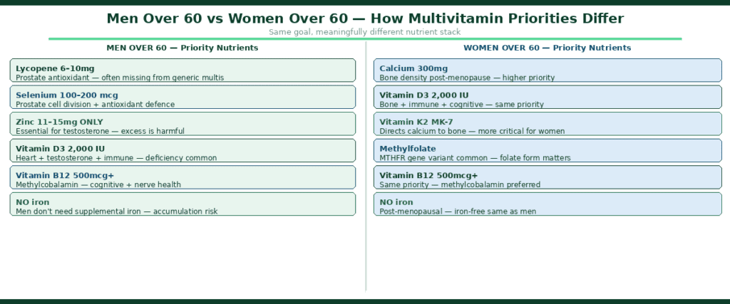Split comparison diagram showing how multivitamin nutrient priorities differ between men and women over 60 — left panel shows men's priority nutrients including lycopene 6-10mg for prostate antioxidant protection, selenium 100-200mcg, zinc 11-15mg only with excess marked as harmful, vitamin D3 2000 IU, vitamin B12 500mcg as methylcobalamin, and no iron — right panel shows women's priorities including calcium 300mg for bone density, vitamin D3, vitamin K2 MK-7 for calcium direction, methylfolate, B12 and no iron post-menopause