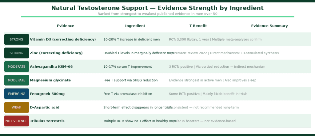 Evidence ladder diagram ranking natural testosterone support ingredients from strongest to weakest published evidence — vitamin D3 correcting deficiency and zinc correcting deficiency both rated strong with 10-20% testosterone increases in deficient men, ashwagandha KSM-66 and magnesium glycinate rated moderate with 10-17% serum testosterone improvement via cortisol reduction and SHBG reduction respectively, fenugreek 500mg rated emerging via aromatase inhibition, D-aspartic acid rated weak with short-term effects that disappear in longer trials, and tribulus terrestris rated no evidence with multiple RCTs showing no testosterone effect in healthy men