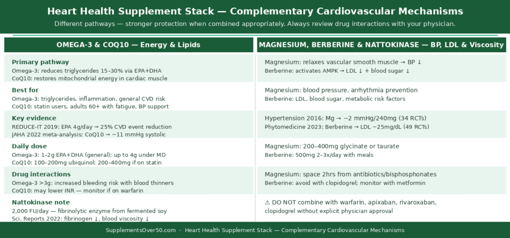 Two-column comparison table showing how omega-3 and CoQ10 target lipids and cardiac energy, while magnesium, berberine and nattokinase target blood pressure, LDL and blood viscosity — with evidence sources and drug interaction warnings for each supplement.