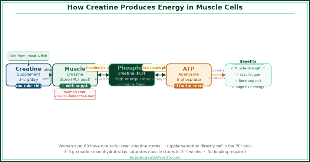 Creatine to phosphocreatine to ATP energy pathway diagram — how creatine supplements work in muscle cells for women over 60
