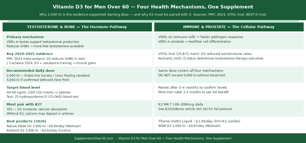 Two-column comparison table showing how vitamin D3 supports four key health areas in men over 60 — testosterone/SHBG reduction, bone density and fall prevention, immune function, and prostate health — with evidence sources and recommended daily doses. 