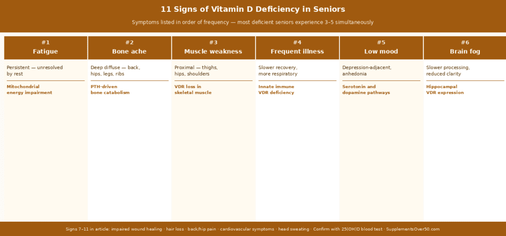 Body map diagram showing the 11 signs of vitamin D deficiency in seniors mapped to the body systems they affect — brain (brain fog, low mood), hair (diffuse thinning), cardiovascular (palpitations), muscle (proximal weakness, fatigue), bone (deep aching, back pain, hip pain), immune system (frequent illness), skin (slow wound healing), head (forehead sweating). Each symptom includes the percentage of deficient seniors who report it based on clinical studies and the mechanism linking it to vitamin D receptor activity in that tissue. 