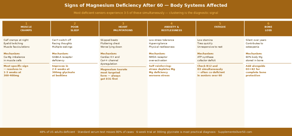 Six-column body diagram showing the first six signs of magnesium deficiency in seniors — muscle cramps (Ca-Mg imbalance in muscle cells, resolves in 1-3 weeks at 300-400mg), poor sleep (GABA-A receptor deficiency, improves in 2-4 weeks at 300mg glycinate at bedtime), heart palpitations (cardiac K+ and Ca++ channel dysregulation, magnesium taurate most targeted), anxiety and restlessness (NMDA receptor over-activation, self-reinforcing cycle with stress), fatigue (ATP synthase cofactor deficit, check B12 and D3 simultaneously), bone loss (60% of body Mg in bone, add alongside D3+K2). Signs 7-10 described fully in article text. 